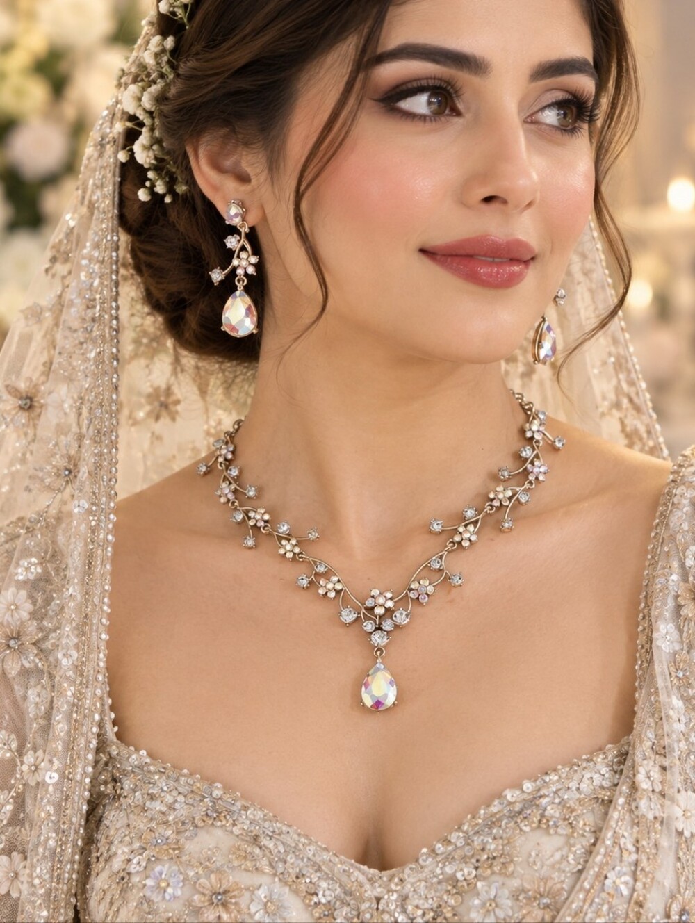 Teardrop Crystal Floral Set Made Wit Aurora Swarovski Elements Bridal Set